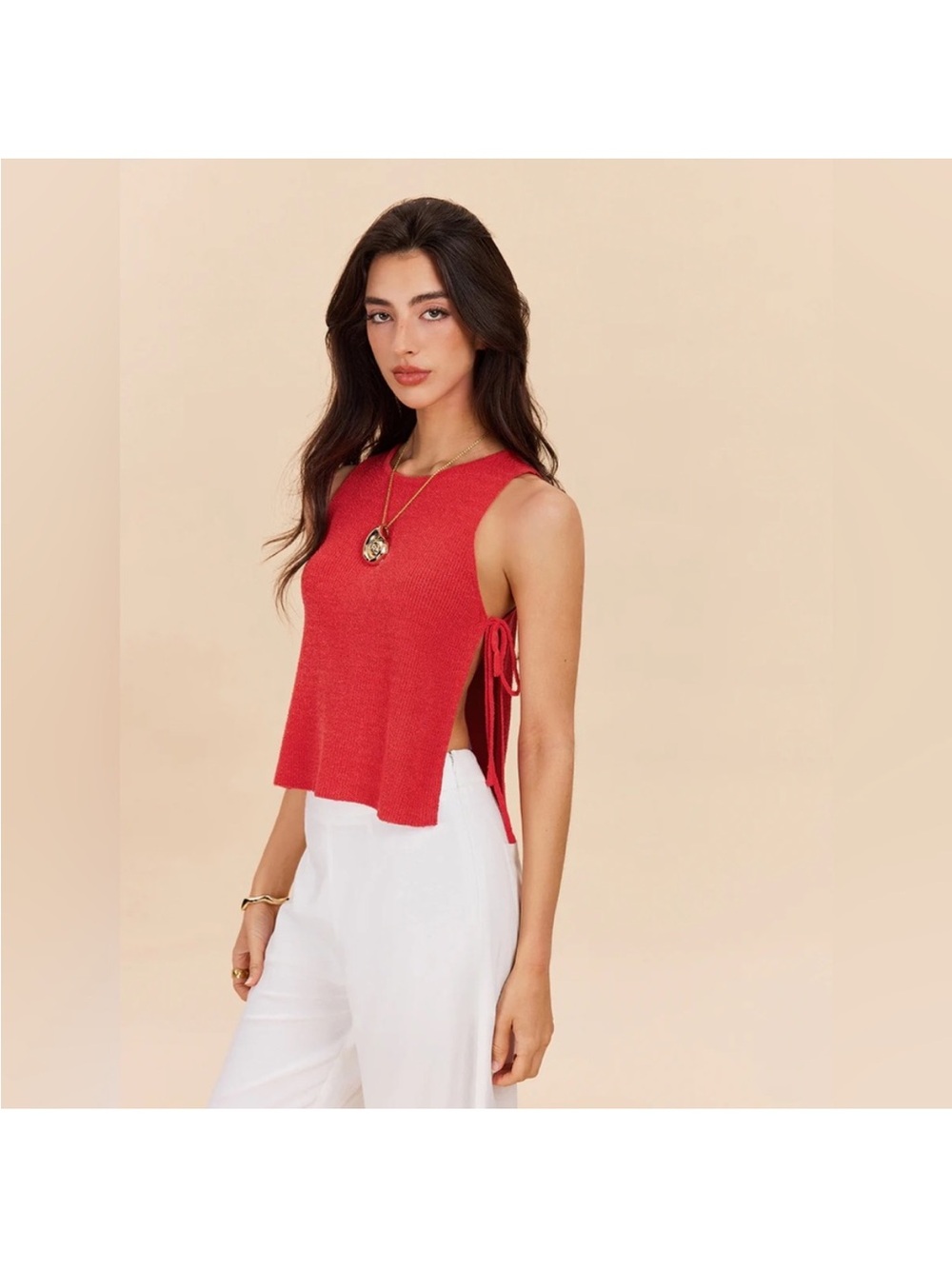 Commense Red Knit Sleeveless Tie-Side Top